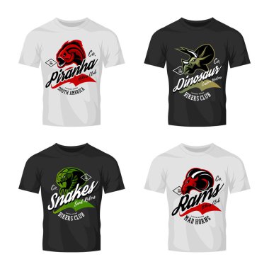 Vintage öfkeli piranha, ram, yılan ve dinozor bisikletçileri kulübü tee baskı vektör tasarım t-shirt mockup. 