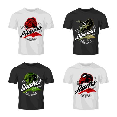 Vintage furious piranha, ram, snake and dinosaur bikers club tee print vector design on t-shirt mockup.  clipart