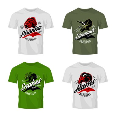 Vintage öfkeli piranha, ram, yılan ve dinozor bisikletçileri kulübü tee baskı vektör tasarım t-shirt mockup. 