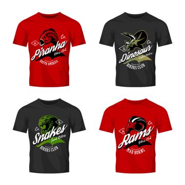 Vintage öfkeli piranha, ram, yılan ve dinozor bisikletçileri kulübü tee baskı vektör tasarım t-shirt mockup. 