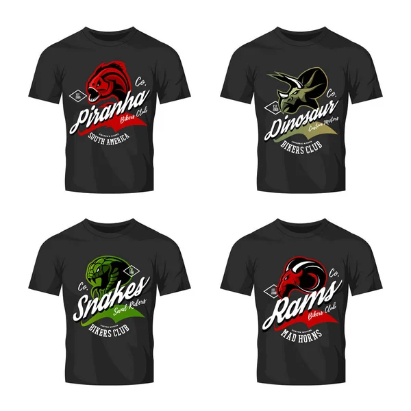 Vintage furious piranha, ram, snake and dinosaur bikers club tee print vector design on t-shirt mockup. — Stock Vector