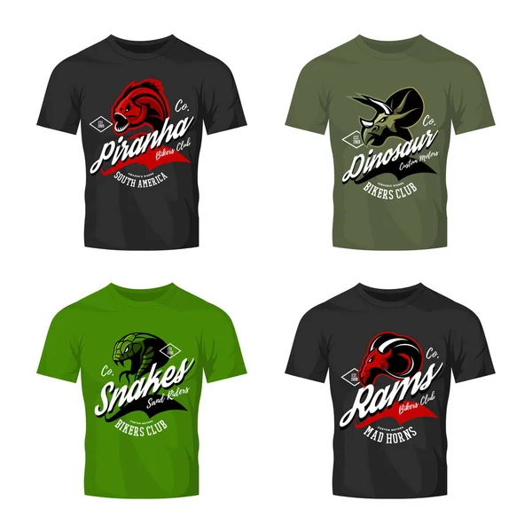 Vintage furioso piranha, ram, cobra e dinossauro motociclistas clube tee impressão vetor design em t-shirt mockup — Vetor de Stock