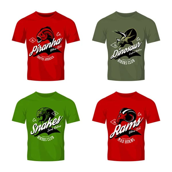 Vintage furioso piranha, ram, cobra e dinossauro motociclistas clube tee impressão vetor design em t-shirt mockup . — Vetor de Stock