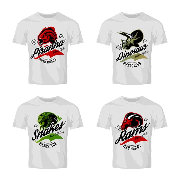 Vintage öfkeli piranha, ram, yılan ve dinozor bisikletçileri kulübü tee baskı vektör tasarım t-shirt mockup. 