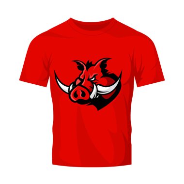 Öfkeli yaban domuzu baş Spor Kulübü vektör logo kavramı kırmızı t-shirt mockup izole.