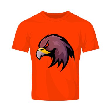 Öfkeli kartal baş spor vektör logo kavramı üzerinde turuncu tişört mockup izole.