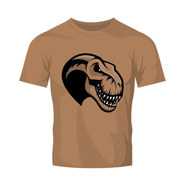 Dinosaur head sport club vector logo concept isolated on brown t-shirt mockup. — Stock Vector