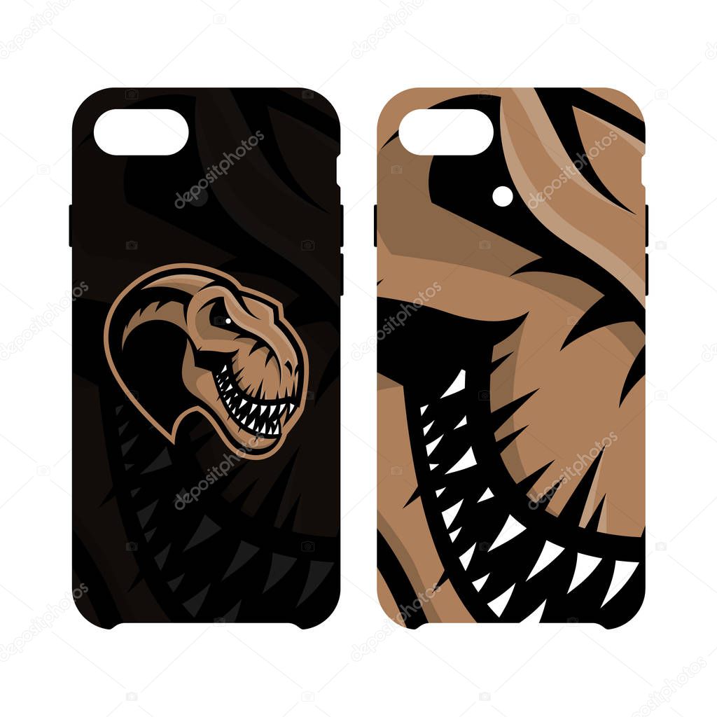 Furious dinosaur sport club vector logo concept smart phone case isolated on white background.Modern professional team badge mascot design. Premium quality wild reptile cell phone cover illustration.