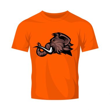 Öfkeli yünlü mamut baş spor vektör logo kavramı üzerinde turuncu tişört sahte kadar izole. 