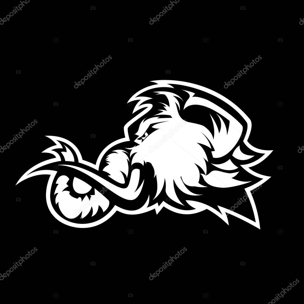 Furious woolly mammoth head sport vector logo concept isolated on black background. Modern professional mascot team badge design.Premium quality wild animal t-shirt tee print illustration.