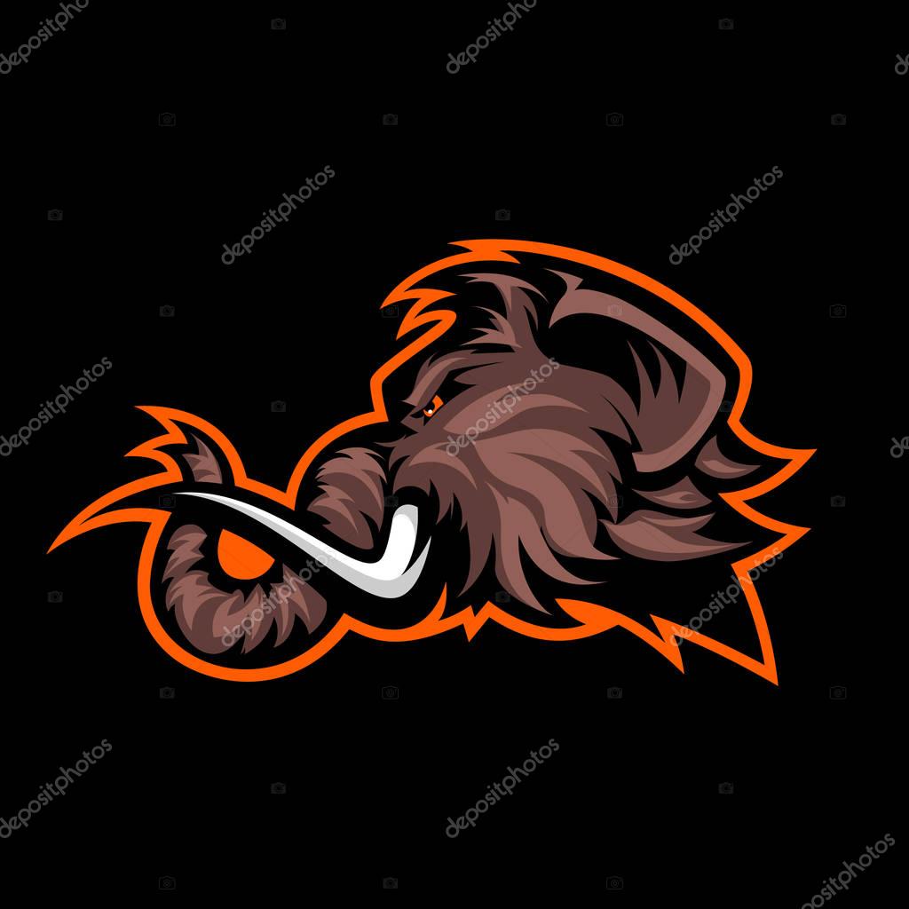 Furious woolly mammoth head sport vector logo concept isolated on black background. Modern professional mascot team badge design.Premium quality wild animal t-shirt tee print illustration.