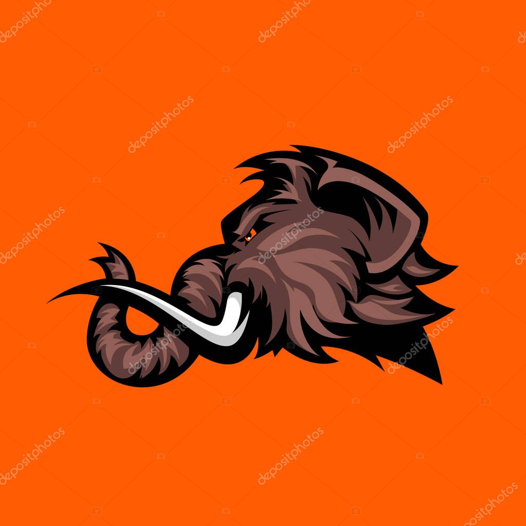 Furious woolly mammoth head sport vector logo concept isolated on orange background. Modern professional mascot team badge design.Premium quality wild animal t-shirt tee print illustration.