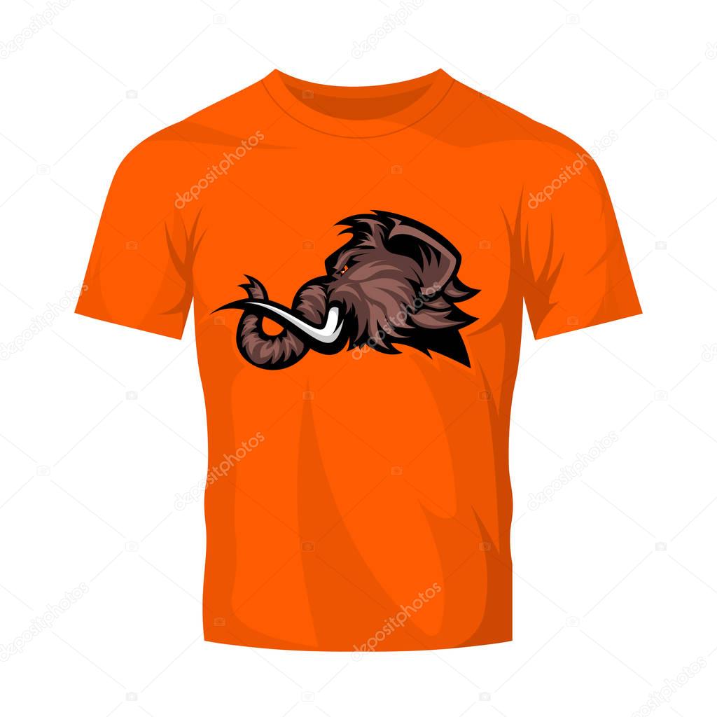 Furious woolly mammoth head sport vector logo concept isolated on orange t-shirt mock up. Modern professional mascot team badge design. Premium quality wild animal tee print illustration.