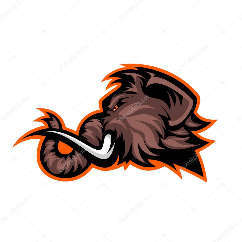 Furious woolly mammoth head sport vector logo concept isolated on white background. Modern professional mascot team badge design.Premium quality wild animal t-shirt tee print illustration.