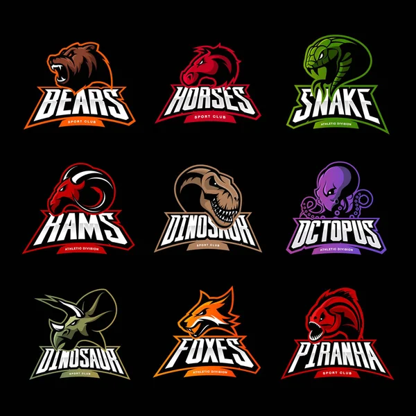 Bear, horse, snake, ram, fox, piranha, dinosaur, octopus head isolated vector logo concept - Stok Vektor