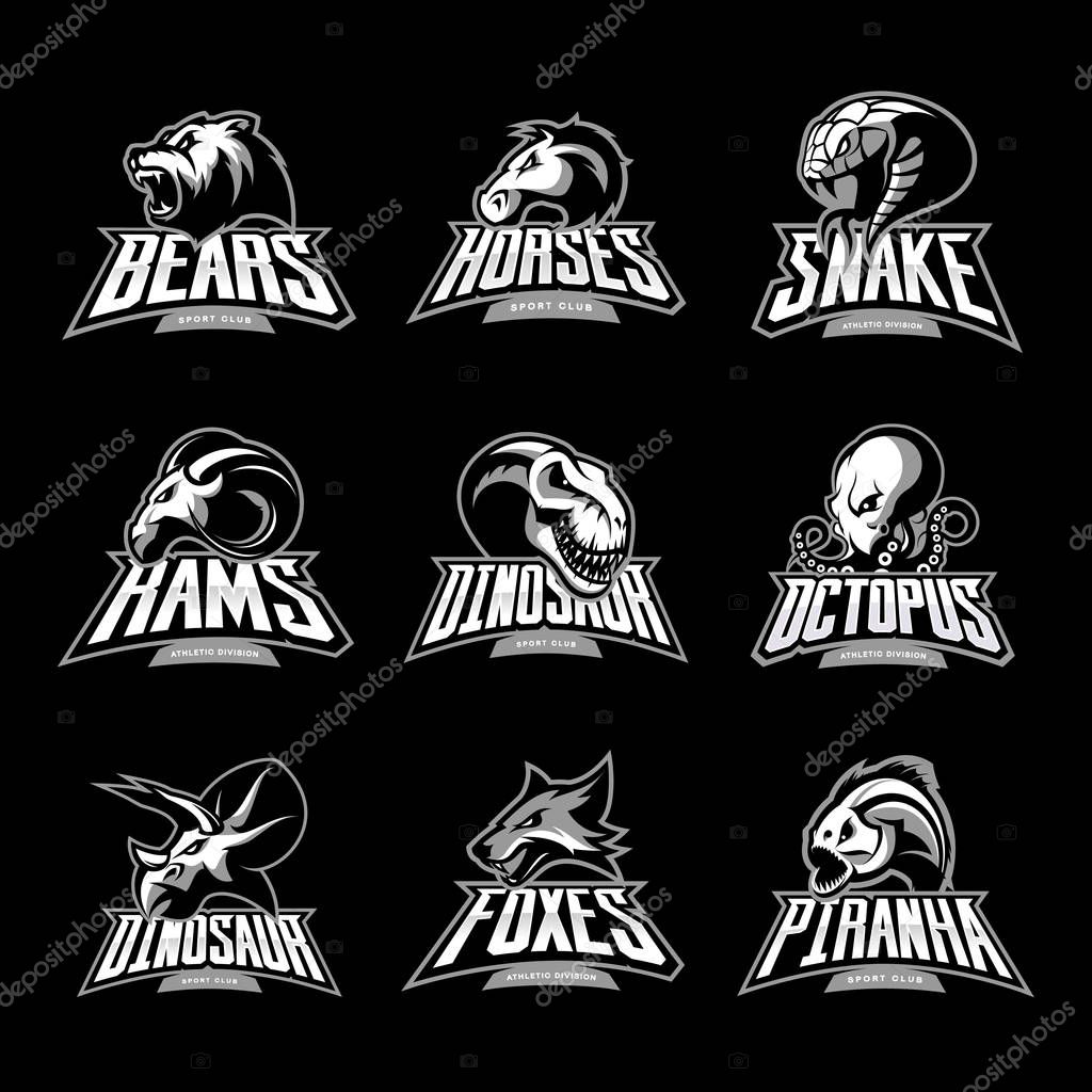 Bear, horse, snake, ram, fox, piranha, dinosaur, octopus head isolated vector logo concept. Modern badge mascot design. Premium quality wild animal, fish, reptile t-shirt tee print illustration.