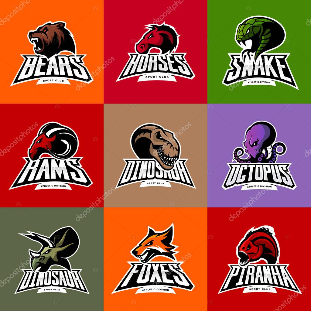 Bear, horse, snake, ram, fox, piranha, dinosaur, octopus head isolated vector logo concept. Modern badge mascot design. Premium quality wild animal, fish, reptile t-shirt tee print illustration.