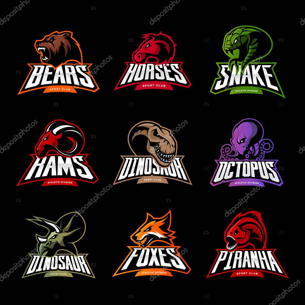 Bear, horse, snake, ram, fox, piranha, dinosaur, octopus head isolated vector logo concept. Modern badge mascot design. Premium quality wild animal, fish, reptile t-shirt tee print illustration.