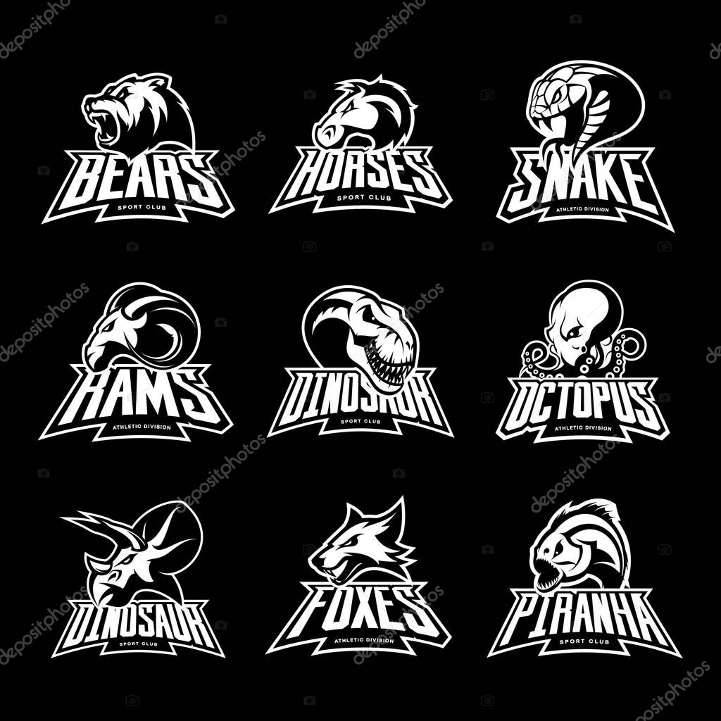 Bear, horse, snake, ram, fox, piranha, dinosaur, octopus head isolated vector logo concept. Modern badge mascot design. Premium quality wild animal, fish, reptile t-shirt tee print illustration.
