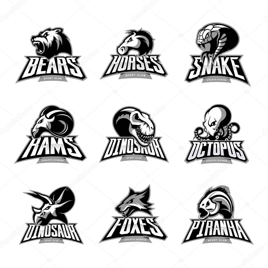 Bear, horse, snake, ram, fox, piranha, dinosaur, octopus head isolated vector logo concept. Modern badge mascot design. Premium quality wild animal, fish, reptile t-shirt tee print illustration.