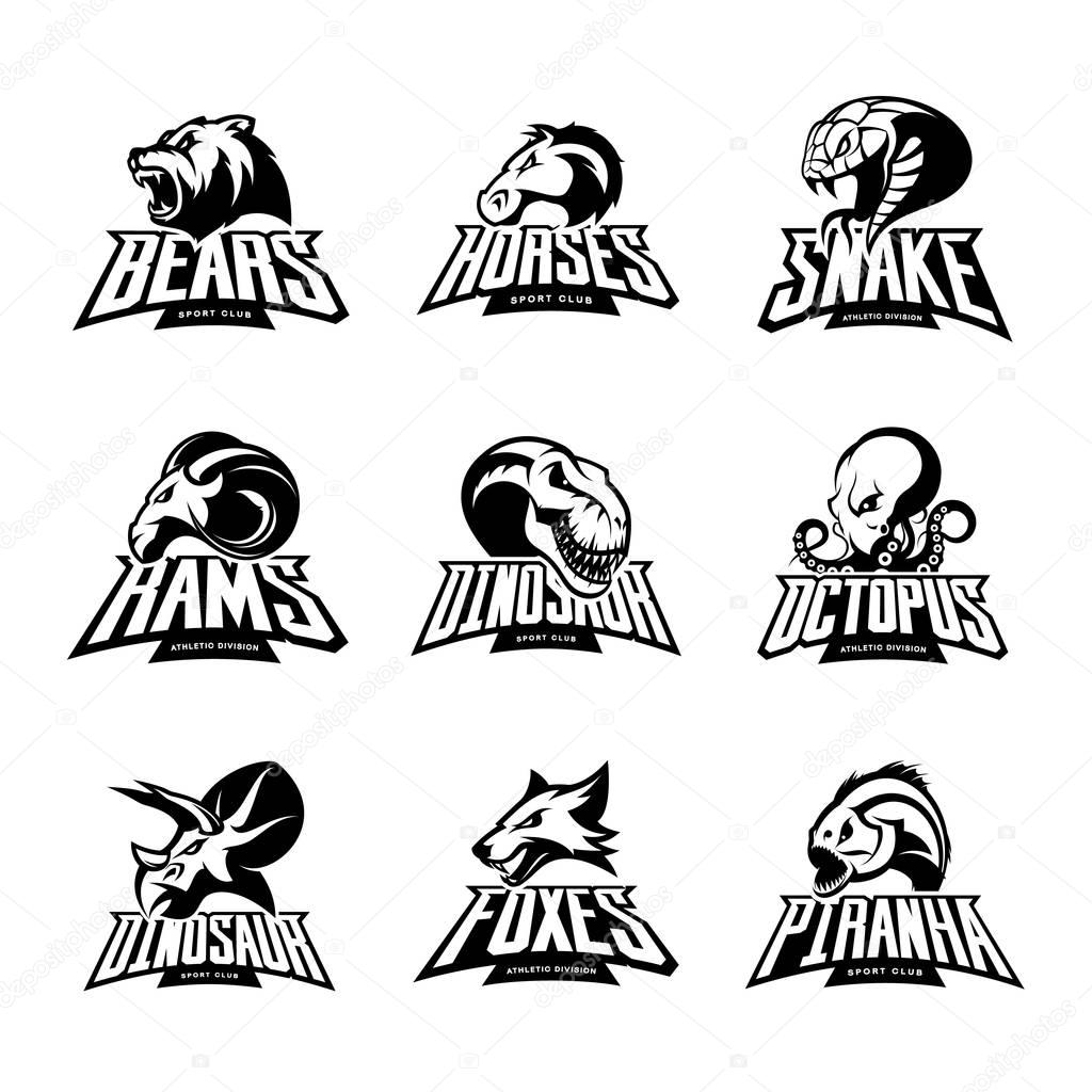 Bear, horse, snake, ram, fox, piranha, dinosaur, octopus head isolated vector logo concept. Modern badge mascot design. Premium quality wild animal, fish, reptile t-shirt tee print illustration.