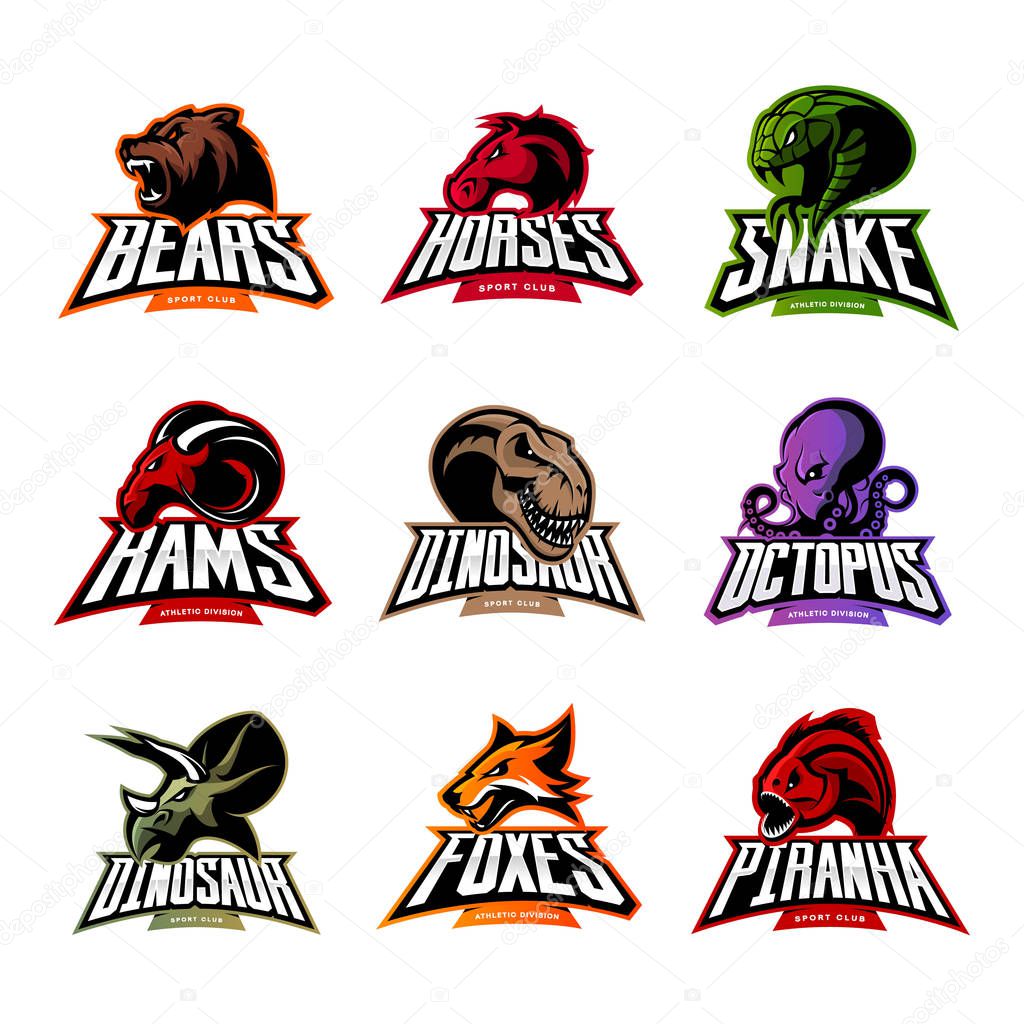 Bear, horse, snake, ram, fox, piranha, dinosaur, octopus head isolated vector logo concept. Modern badge mascot design. Premium quality wild animal, fish, reptile t-shirt tee print illustration.