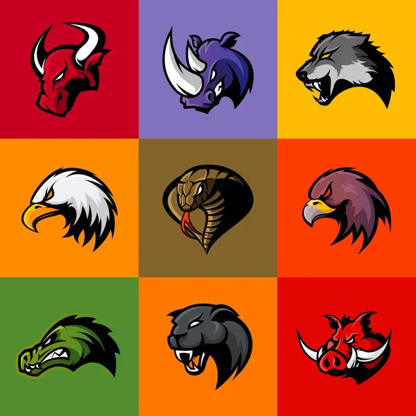 Taureau, rhinocéros, loup, aigle, cobra, alligator, panthère, tête de sanglier isolé concept de logo vectoriel . — Image vectorielle