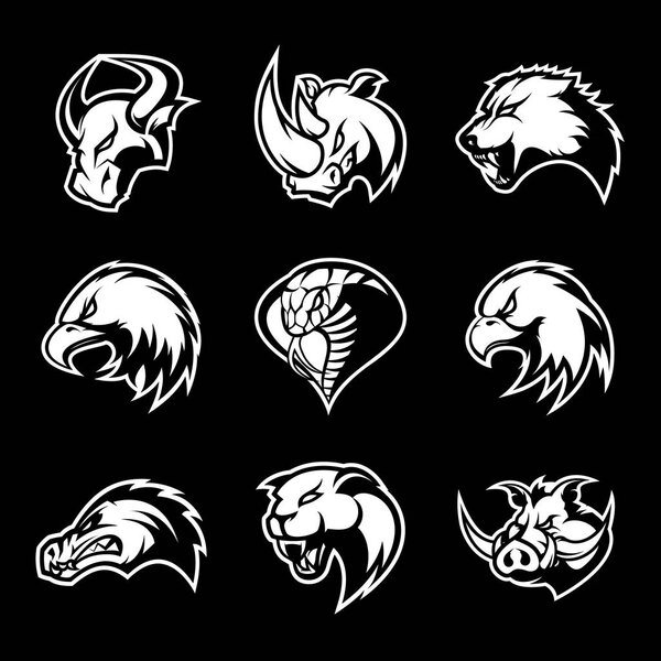 Bull, rhino, wolf, eagle, cobra, alligator, panther, boar head isolated vector logo concept. 