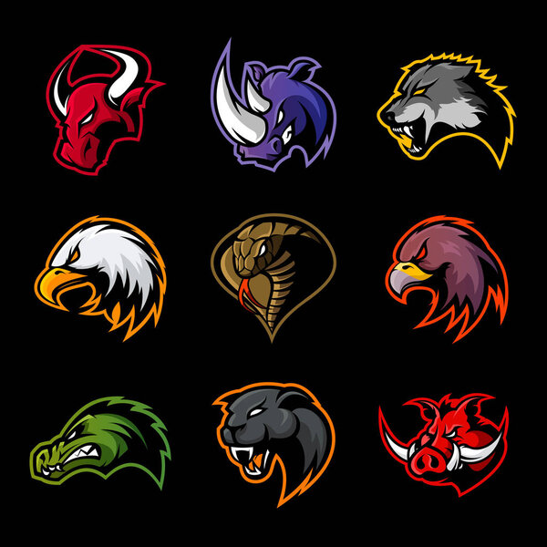 Bull, rhino, wolf, eagle, cobra, alligator, panther, boar head isolated vector logo concept. 