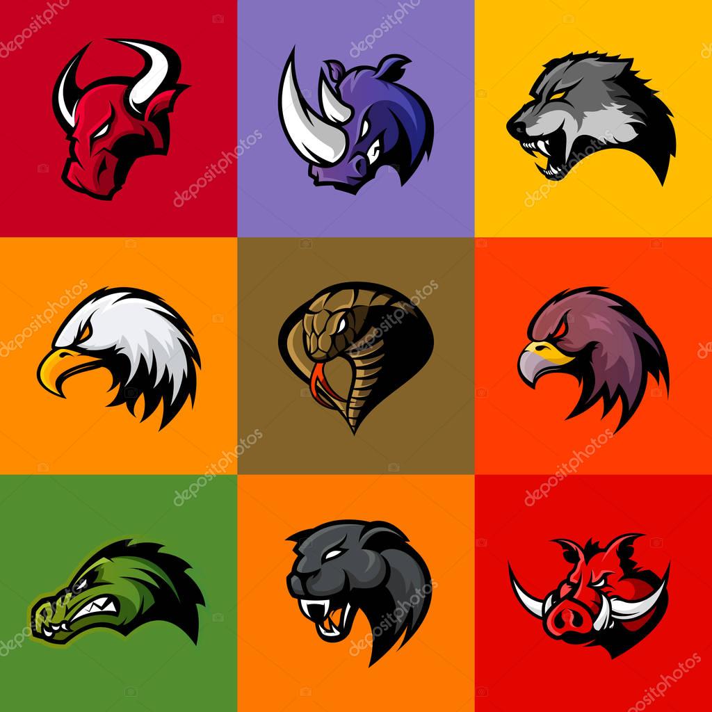 Bull, rhino, wolf, eagle, cobra, alligator, panther, boar head isolated vector logo concept. Modern badge mascot design. Premium quality wild animal, bird, snake t-shirt tee print illustration.
