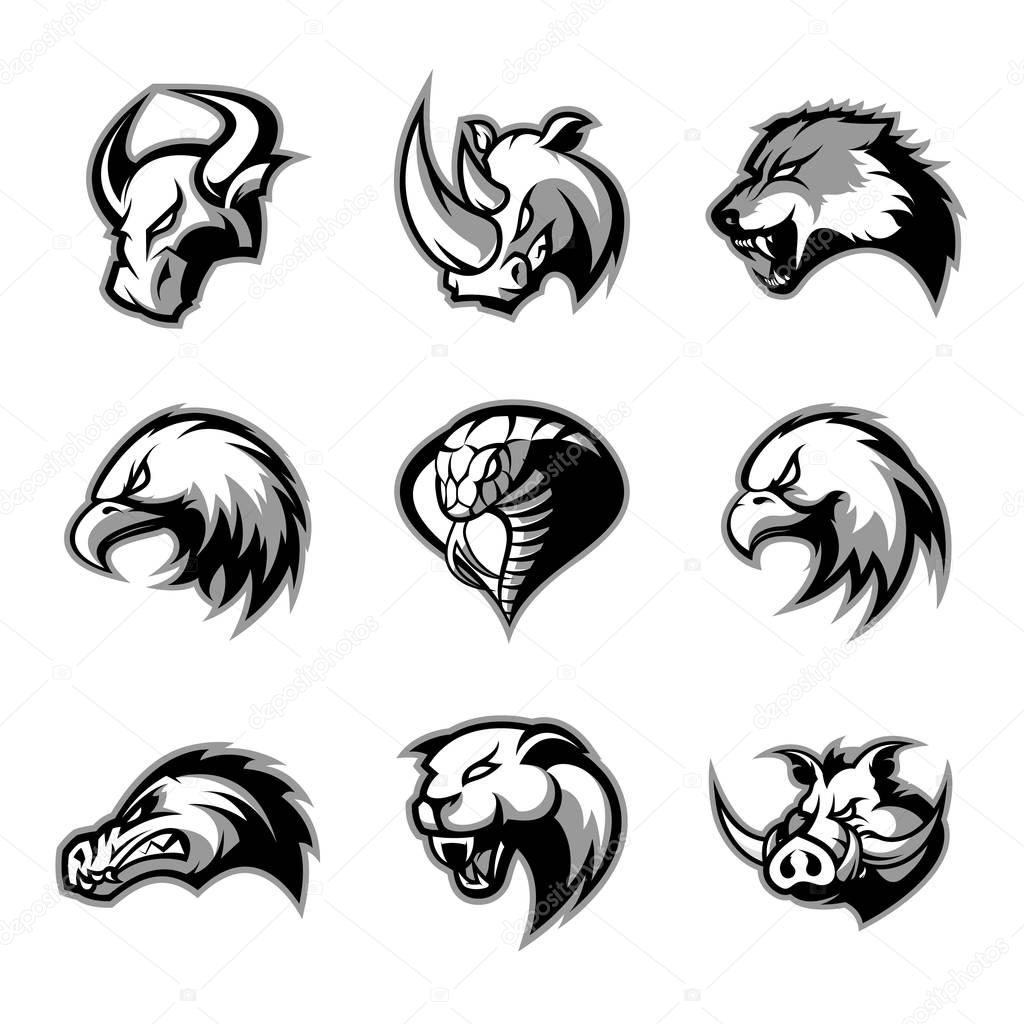 Bull, rhino, wolf, eagle, cobra, alligator, panther, boar head isolated vector logo concept set. 