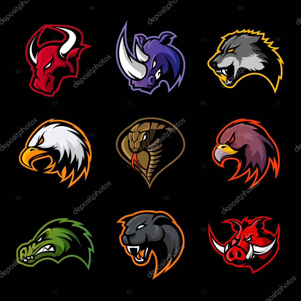 Bull, rhino, wolf, eagle, cobra, alligator, panther, boar head isolated vector logo concept. Modern badge mascot design. Premium quality wild animal, bird, snake t-shirt tee print illustration.