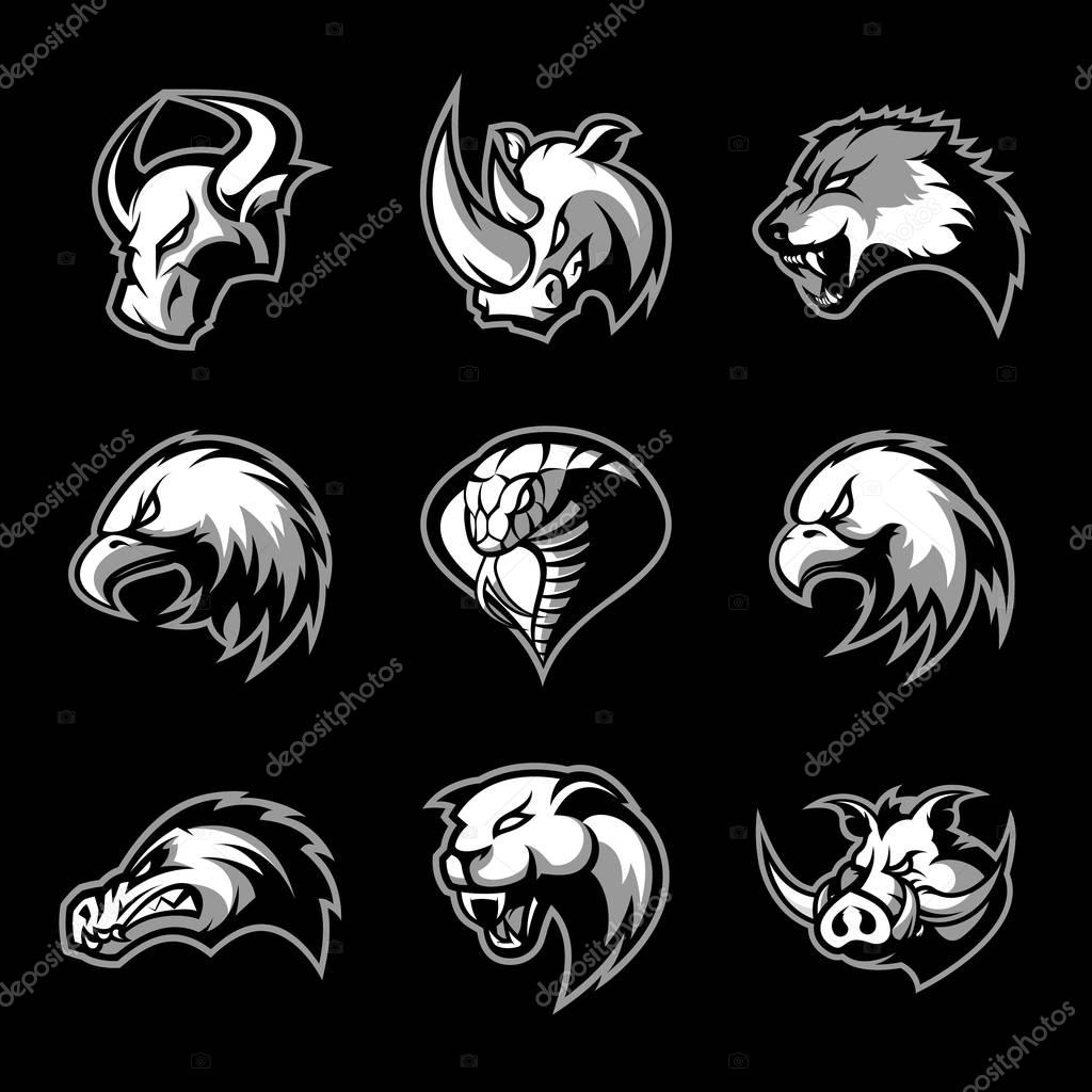 Bull, rhino, wolf, eagle, cobra, alligator, panther, boar head isolated vector logo concept. Modern badge mascot design. Premium quality wild animal, bird, snake t-shirt tee print illustration.