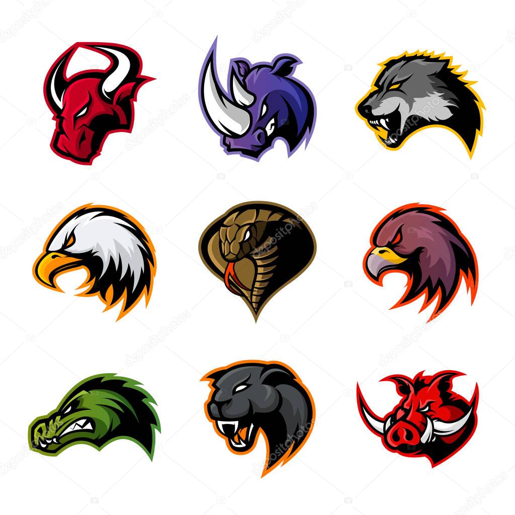 Bull, rhino, wolf, eagle, cobra, alligator, panther, boar head isolated vector logo concept.