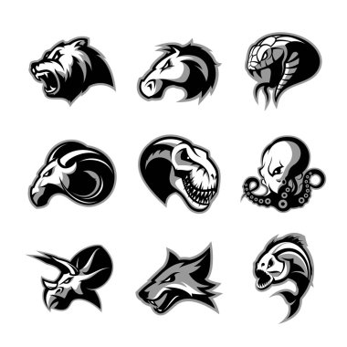 Ayı, at, yılan, ram, fox, piranha, dinozor, ahtapot kafa izole vektör logo kavramı. 