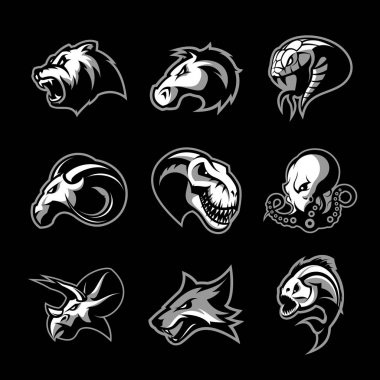 Ayı, at, yılan, ram, fox, piranha, dinozor, ahtapot kafa izole vektör logo kavramı. 