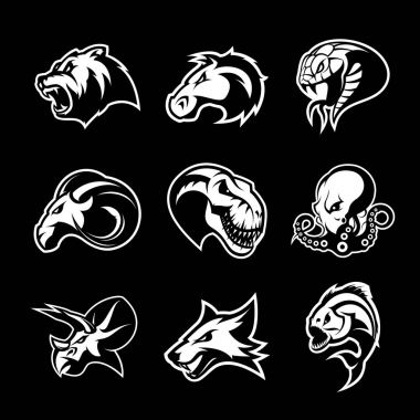 Ayı, at, yılan, ram, fox, piranha, dinozor, ahtapot kafa izole vektör logo kavramı. 