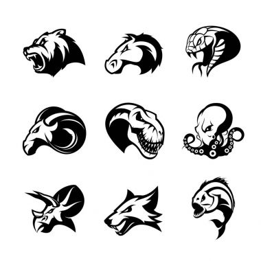 Ayı, at, yılan, ram, fox, piranha, dinozor, ahtapot kafa izole vektör logo kavramı. 