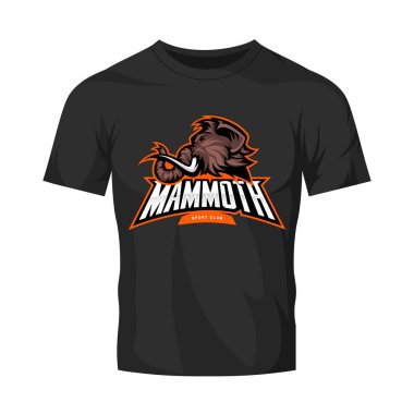 Siyah t-shirt sahte kadar izole öfkeli yünlü mamut baş spor vektör logo kavramı