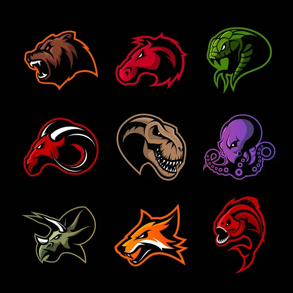 Bear, horse, snake, ram, fox, piranha, dinosaur, octopus head isolated vector logo concept. — Stock Vector