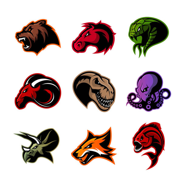 Bear, horse, snake, ram, fox, piranha, dinosaur, octopus head isolated vector logo concept. 