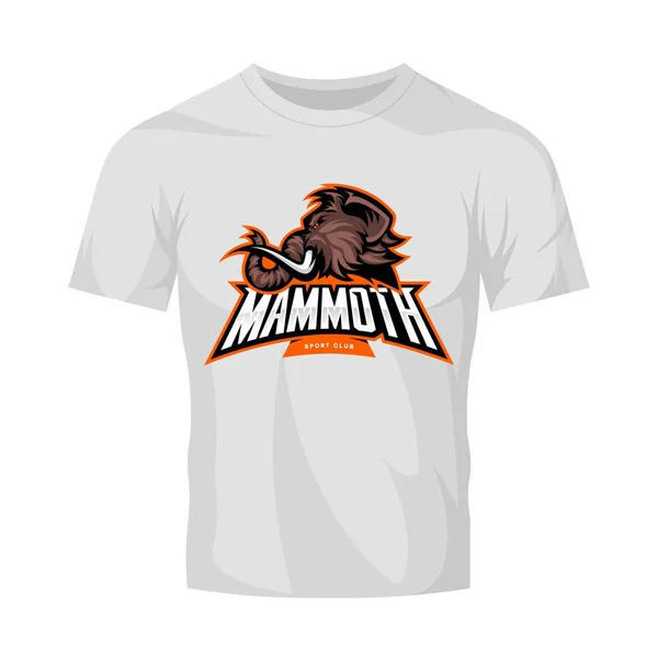Öfkeli yünlü mamut baş spor vektör logo kavramı üzerinde beyaz t-shirt sahte kadar izole. — Stok Vektör