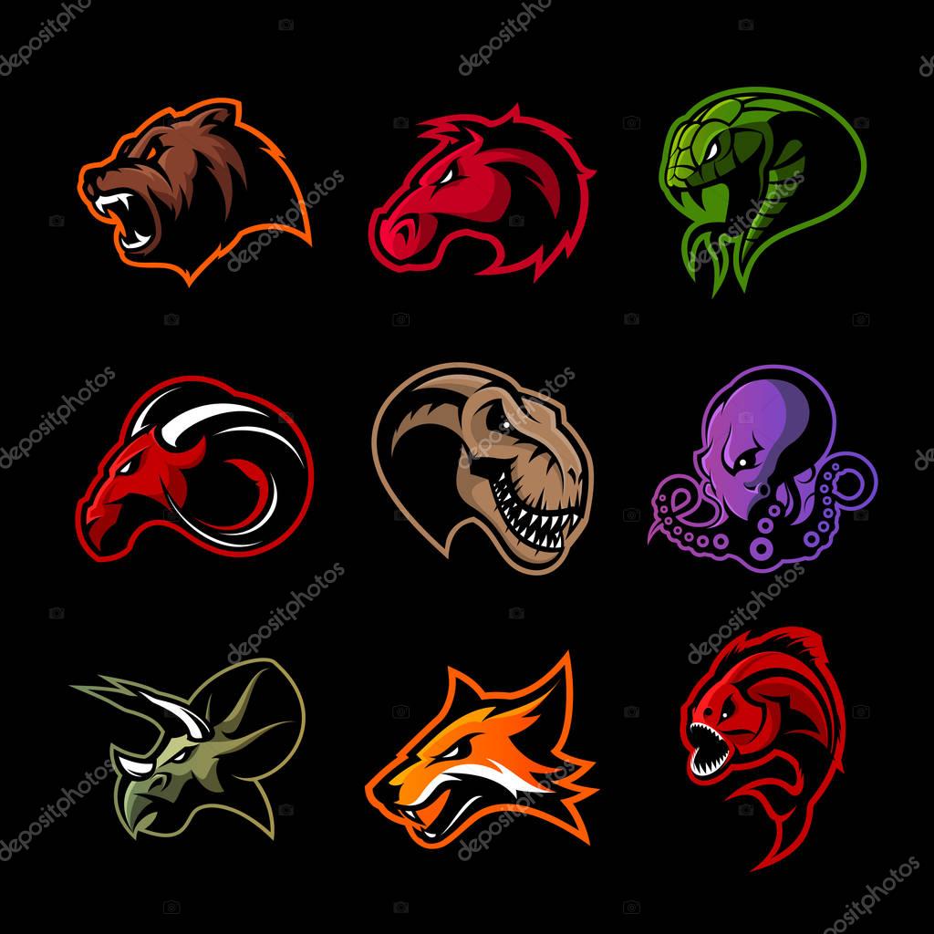 Bear, horse, snake, ram, fox, piranha, dinosaur, octopus head isolated vector logo concept. Modern badge mascot design. Premium quality wild animal, fish, reptile t-shirt tee print illustration.