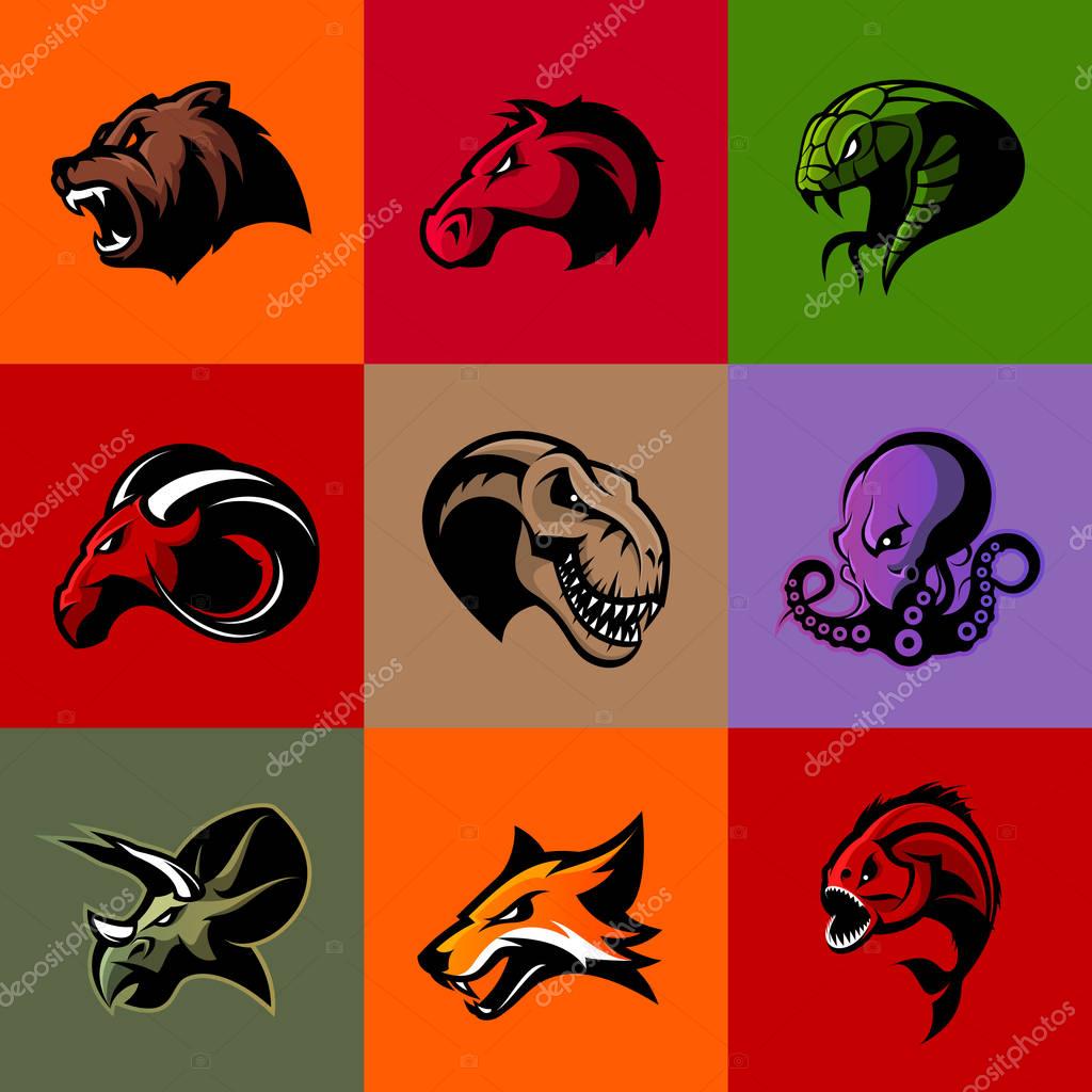 Bear, horse, snake, ram, fox, piranha, dinosaur, octopus head isolated vector logo concept. Modern badge mascot design. Premium quality wild animal, fish, reptile t-shirt tee print illustration.