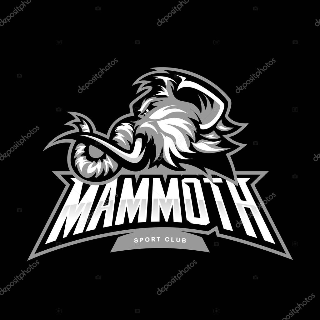 Furious woolly mammoth head sport vector logo concept isolated on black background. Modern professional mascot team badge design.Premium quality wild animal t-shirt tee print illustration.
