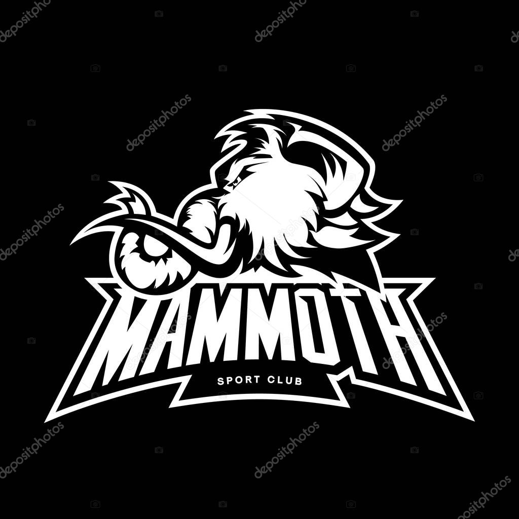 Furious woolly mammoth head sport vector logo concept isolated on black background. Modern professional mascot team badge design.Premium quality wild animal t-shirt tee print illustration