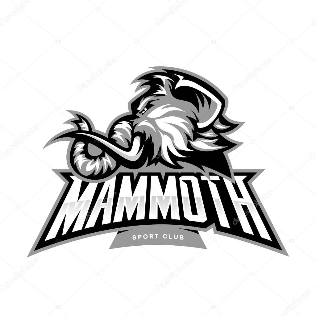 Furious woolly mammoth head sport vector logo concept isolated on white background. Modern professional mascot team badge design.Premium quality wild animal t-shirt tee print illustration.