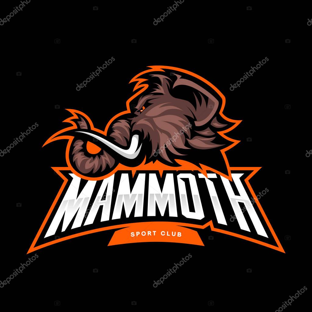 Furious woolly mammoth head sport vector logo concept isolated on black background. Modern professional mascot team badge design.Premium quality wild animal t-shirt tee print illustration.