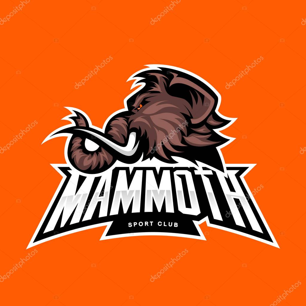 Furious woolly mammoth head sport vector logo concept isolated on orange background. Modern professional mascot team badge design.Premium quality wild animal t-shirt tee print illustration.