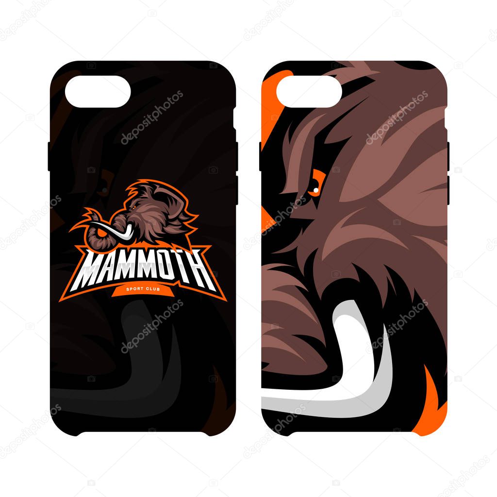 Furious woolly mammoth head sport vector logo concept smart phone case isolated on white background. Modern mascot team badge design. Premium quality wild animal cell phone cover illustration.